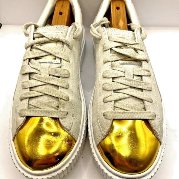 Womens Size 7.5 Puma Sneakers Shoes Suede Platform Gold Toe Creeper Gray Logo - Picture 3 of 7